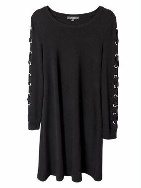 Vintage Spencer Black Knit Dress M Lace Up Sleeves Stretch Viscose Midi